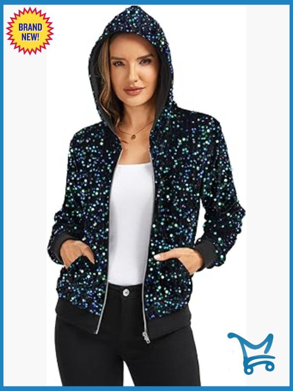 Sparkly Hooded Sequin Jacket Zip Up Glitter Bomber with Pockets